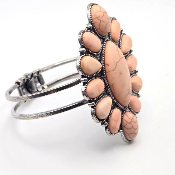 Pink Stone Silvertone Hinged Statement Bracelet Southwestern Marquis - Picture 1 of 6